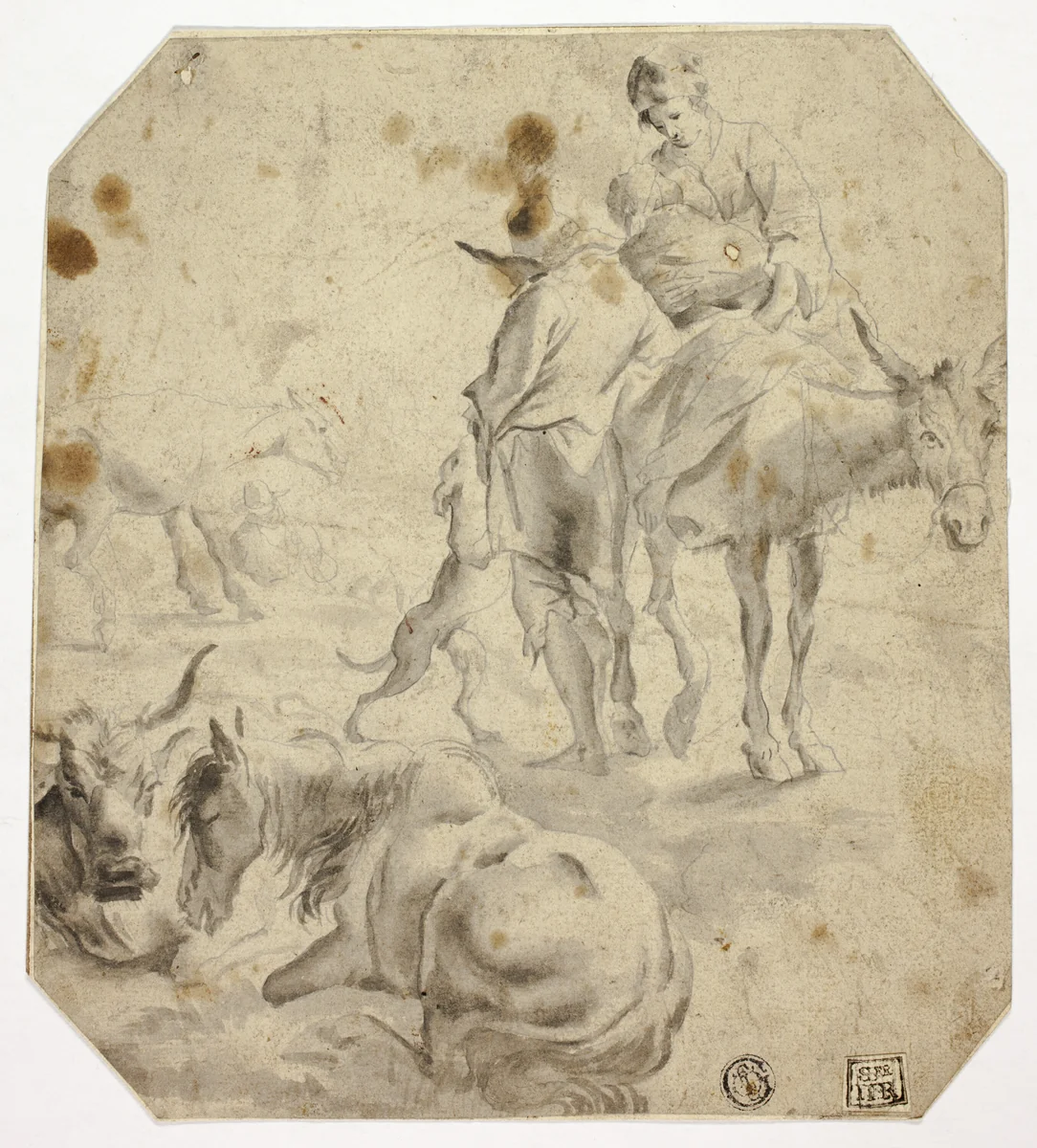 Woman and Child on Donkey, Man, Dogs, Horses by Nicolaes Berchem, drawing, 1640-1683
