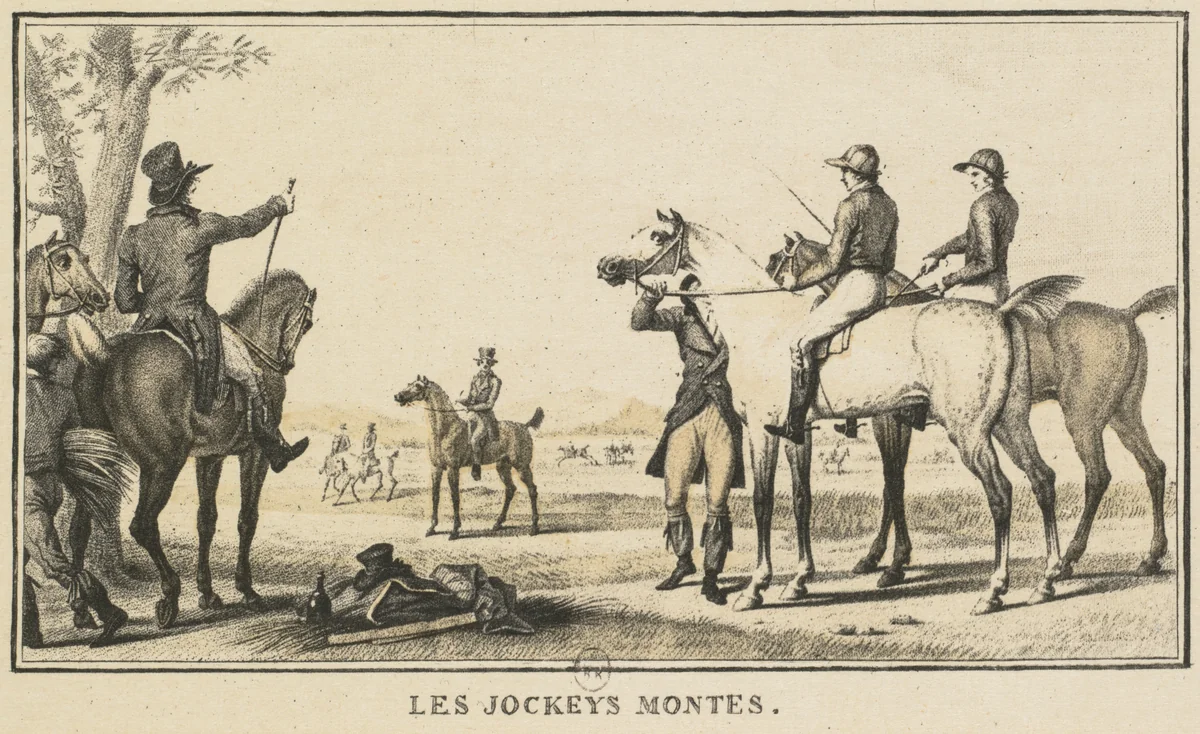 Racing Scenes: The Jockey Mounting the Horse (Scènes Hippiques: Le jockey montant a cheval) by Carle Vernet, print, 1780-1836