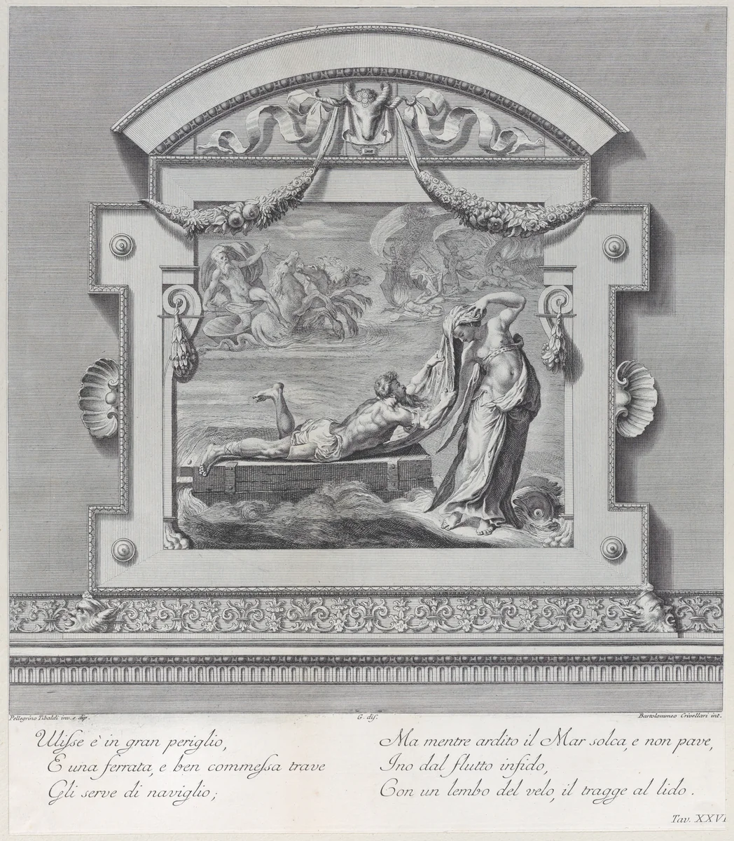 Plate 26: Ulysses escaping on a raft with the aid of the sea deity Leucothea by Bartolomeo Crivellari, print, 1756