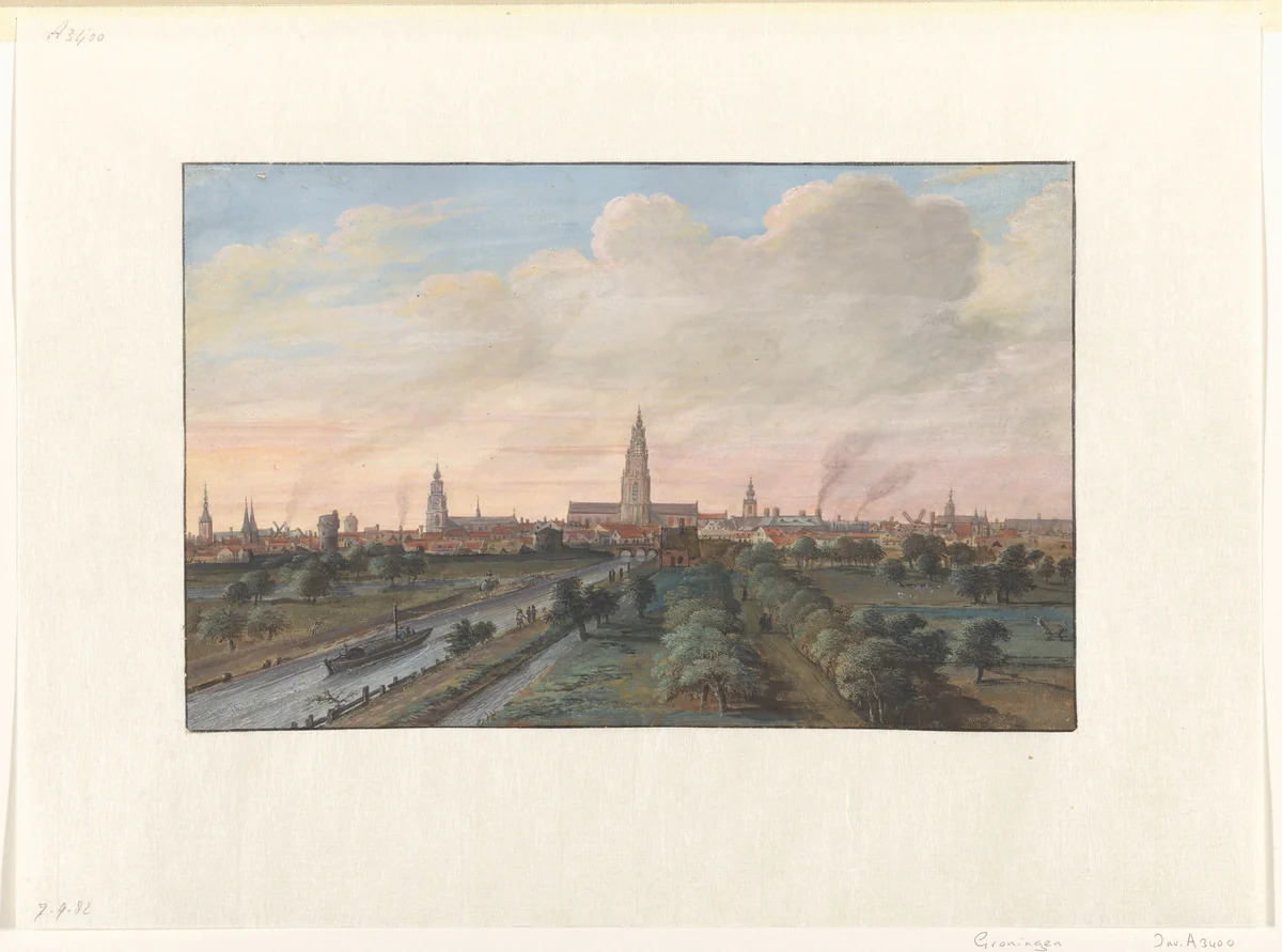 Gezicht op de stad Groningen by Gerrit Battem, drawing, 1646-1684