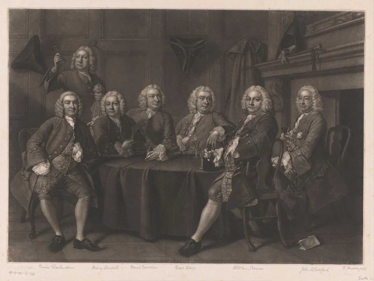 Gezelschap van mannen met William Benn by John Faber, print, 1752-1756
