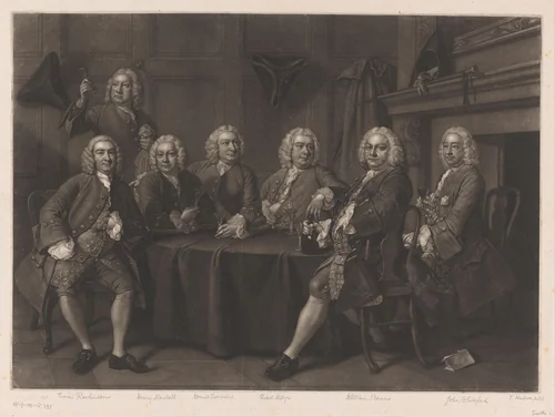 Gezelschap van mannen met William Benn by John Faber, print, 1752-1756