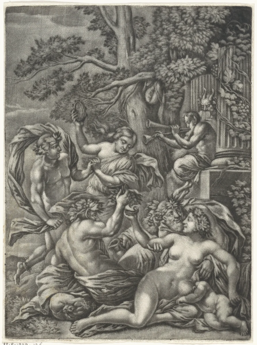 Bacchanaal met saters en nimfen by Jan van Somer, print, 1655-1700