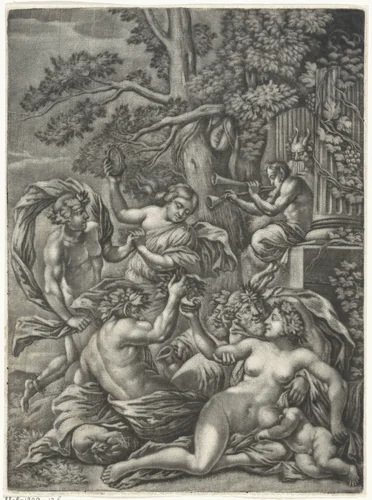 Bacchanaal met saters en nimfen by Jan van Somer, print, 1655-1700