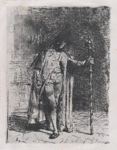 Master of ceremonies, a man standing facing the viewer holding a staff in his left hand by Mariano Fortuny, print, 1865