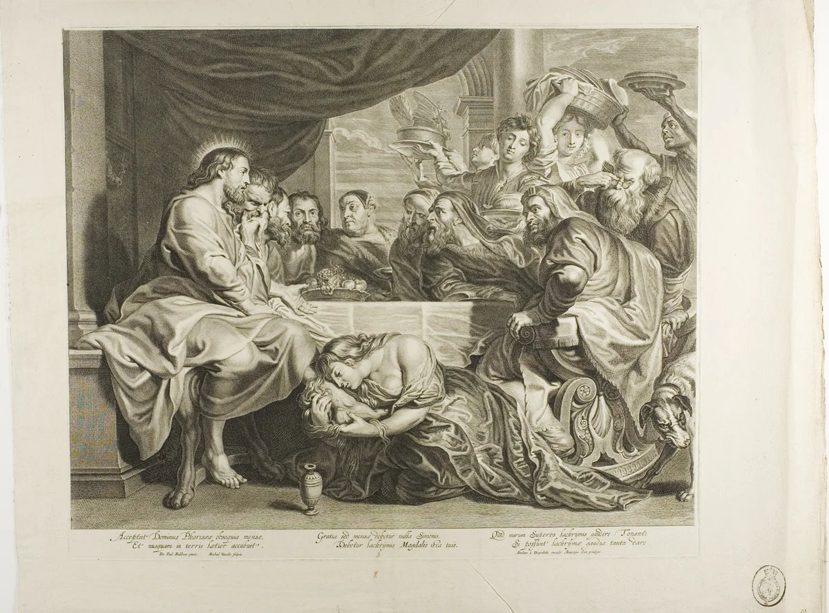 Mary Magdalene at the Feet of Jesus in the Home of Simon the Pharisee by Michiel Natalis, print, 1630-1668