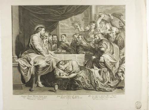 Mary Magdalene at the Feet of Jesus in the Home of Simon the Pharisee by Michiel Natalis, print, 1630-1668