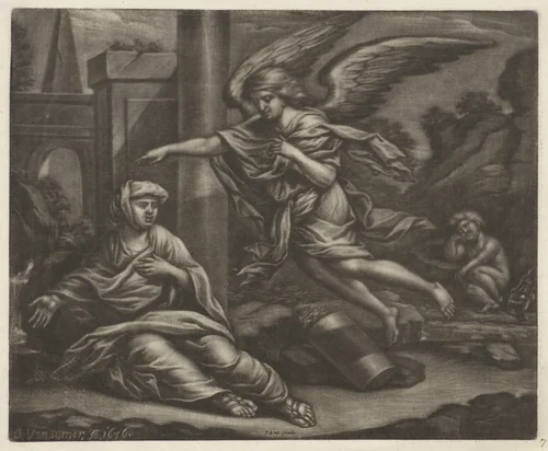 Hagar en Ismaël in de woestijn by Jan van Somer, print, 1676