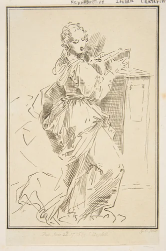 Woman with a book by Simone Cantarini, print, 1775