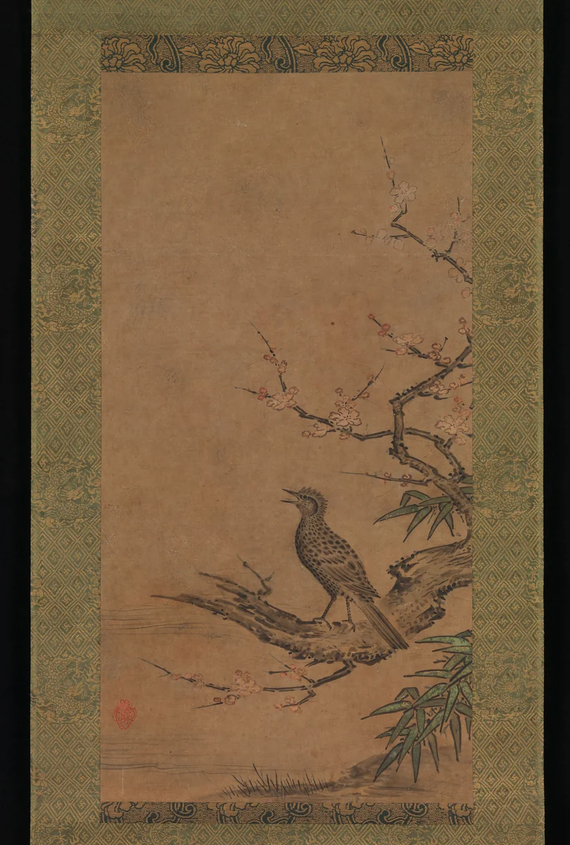 Brown-Eared Bulbul (Hiyodori) on a Branch of Plum by Kano Shōei, painting, 1525-1575