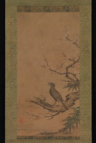 Brown-Eared Bulbul (Hiyodori) on a Branch of Plum by Kano Shōei, painting, 1525-1575