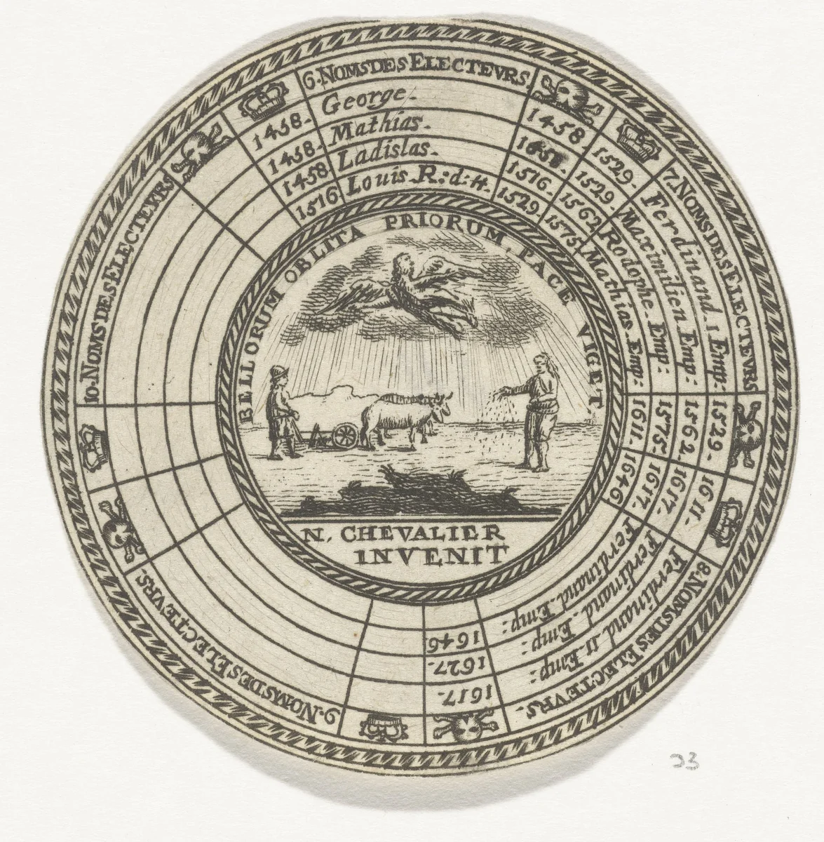 Penning met een embleem en de namen van de Boheemse koningen by anonymous, print, 1711-1720