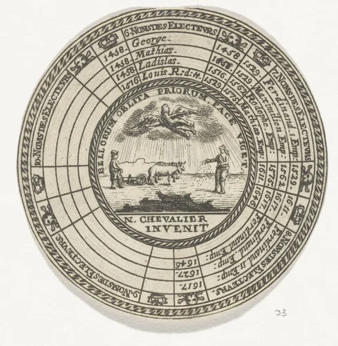 Penning met een embleem en de namen van de Boheemse koningen by anonymous, print, 1711-1720