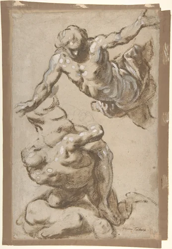 Studies for Four Figures (recto); Composition Sketches for Groupings of Figures on Clouds (verso) by Jacopo Palma, drawing, 1600-1614