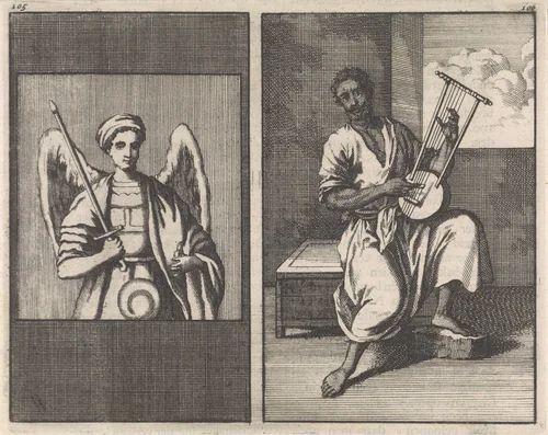 Engel met zwaard / Moor bespeelt vijfsnarig instrument by Jan Luyken, print, 1698