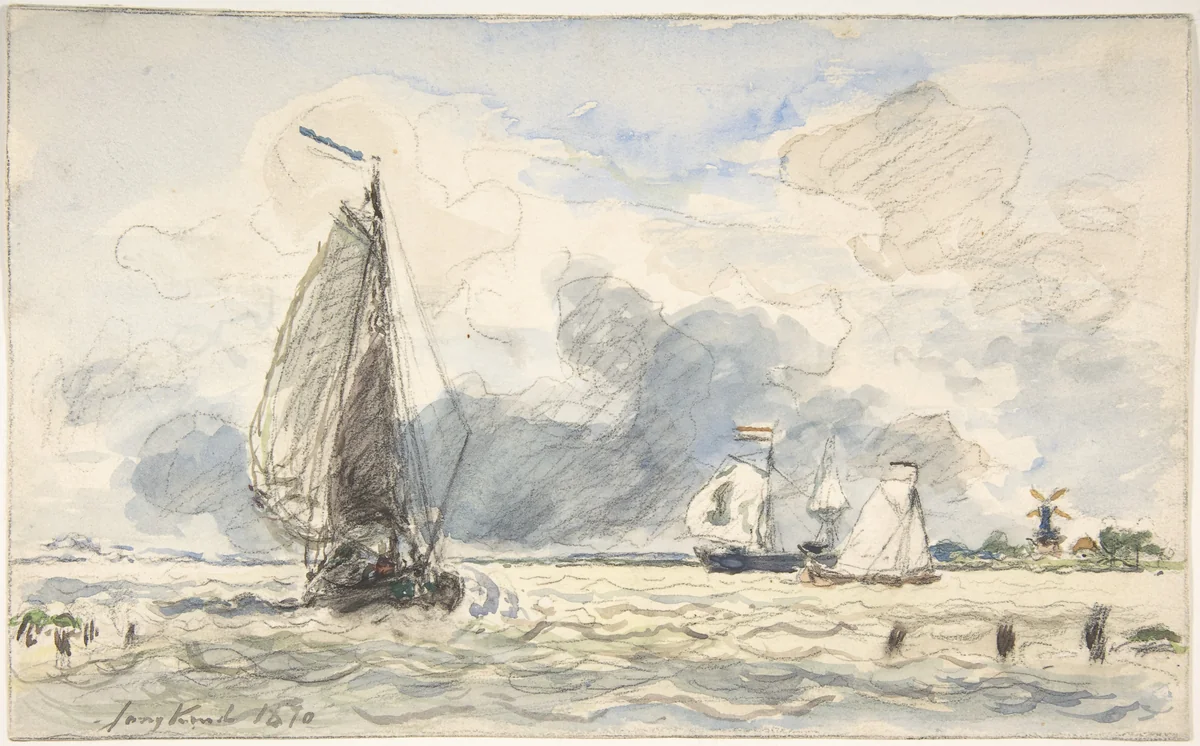 Dutch Fishing Boats; verso: Sketches of Boats by Johan Barthold Jongkind, drawing, 1870