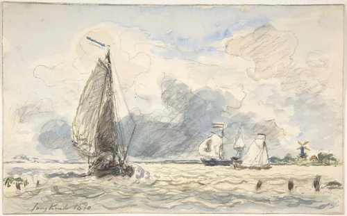 Dutch Fishing Boats; verso: Sketches of Boats by Johan Barthold Jongkind, drawing, 1870