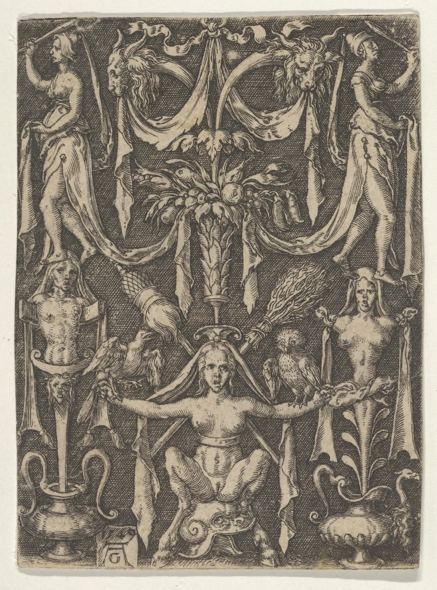 Panel with a Candelabrum Containing a Female Satyr Seated on a Helmet by Heinrich Aldegrever, print, 1549