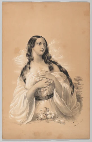 Woman Holding Flowers, in The New York Drawing Book, Containing a Series of Original Designs and Sketches of American Scenery, No. 2 by Frances Flora Bond Palmer, book, 1847