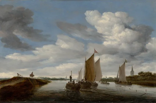River Landscape with Sailing Boats and a Horse-Drawn Barge by Salomon van Ruysdael, painting, 1660