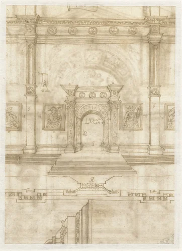 Gedeelte van de gevel van de Dom te Lugano by anonymous, drawing, 1538