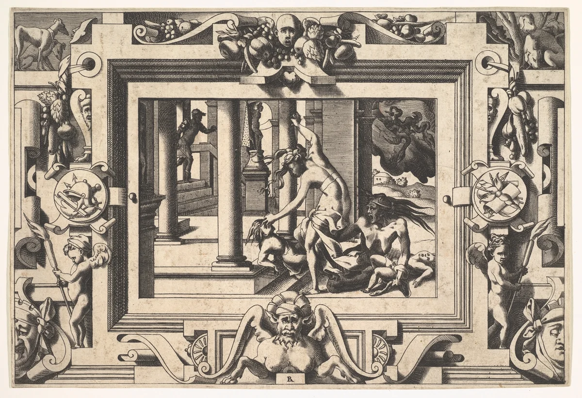 Medea Kills her Two Children by Jason (Pour qui d'Absyrte a le sang repandu, fait que du sien le tort lui soit rendu...), from "Jason and the Golden Fleece" by René Boyvin, print, 1563