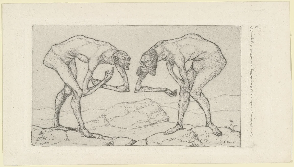 Two Men Meet, Each Believing the Other to Be of Higher Rank (Zwei Männer, einander in höherer Stellung vermutend, begegnen sich) from the series Inventions (Inventionen) by Paul Klee, print, 1903