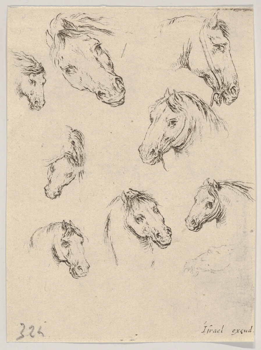 Plate 17: Nine studies of horse heads, from "Various heads and figures" (Diverses têtes et figures) by Stefano della Bella, print, 1650