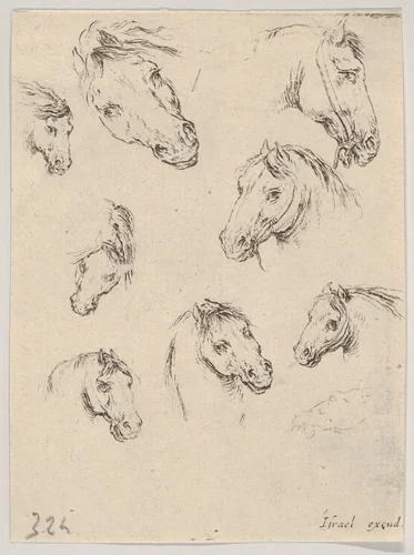 Plate 17: Nine studies of horse heads, from "Various heads and figures" (Diverses têtes et figures) by Stefano della Bella, print, 1650