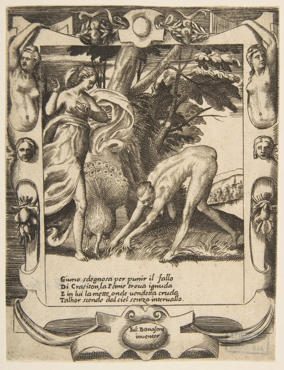 Juno sending famine against Crasiton, set within an elaborate frame, from "Loves, Rages and Jealousies of Juno" by Giulio Bonasone, print, 1531-1576