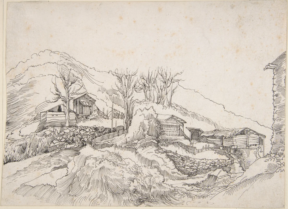 Cottages in a Rocky Landscape by Wolfgang Huber, drawing, 1500-1600