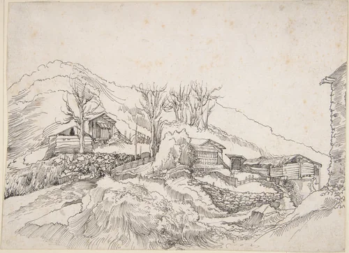 Cottages in a Rocky Landscape by Wolfgang Huber, drawing, 1500-1600