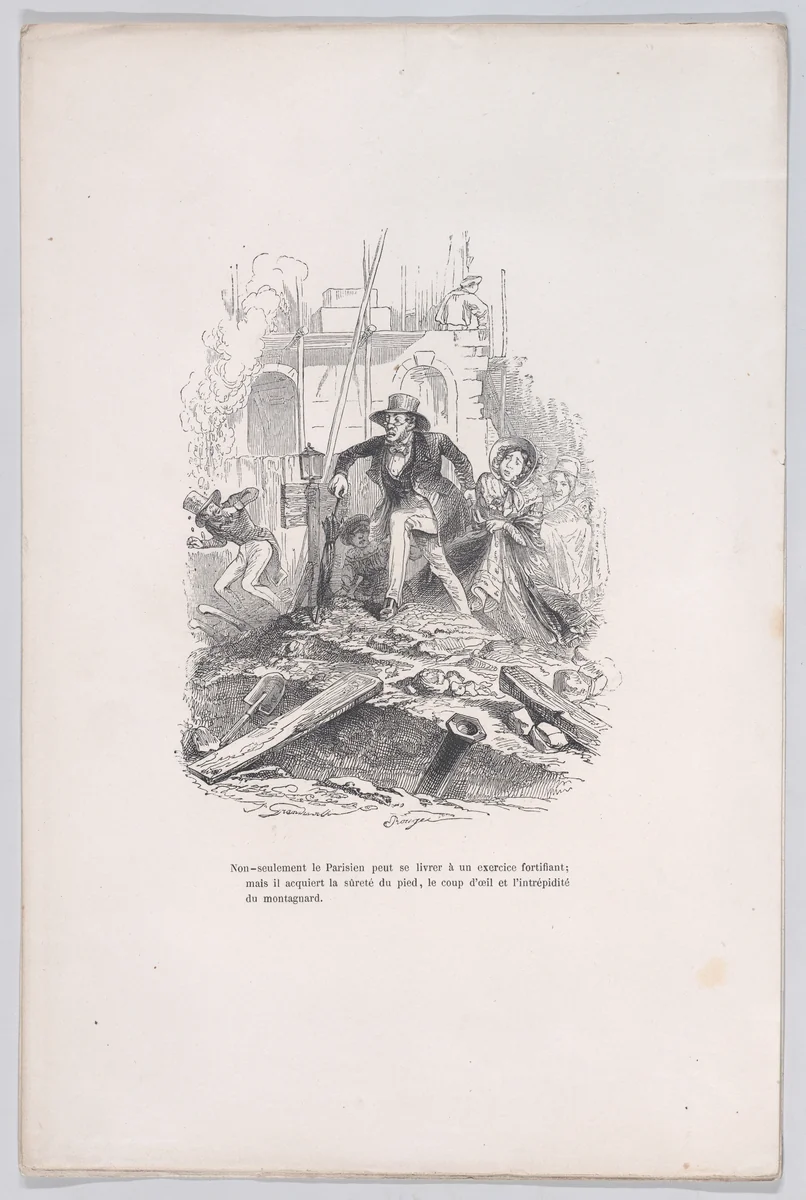 Not only can the Parisian engage in a strengthening exercise; but he acquires the safety of the foot, the glance and the intrepidity of the mountaineer, from "Little Miseries of Human Life" by J. J. Grandville, print, 1843