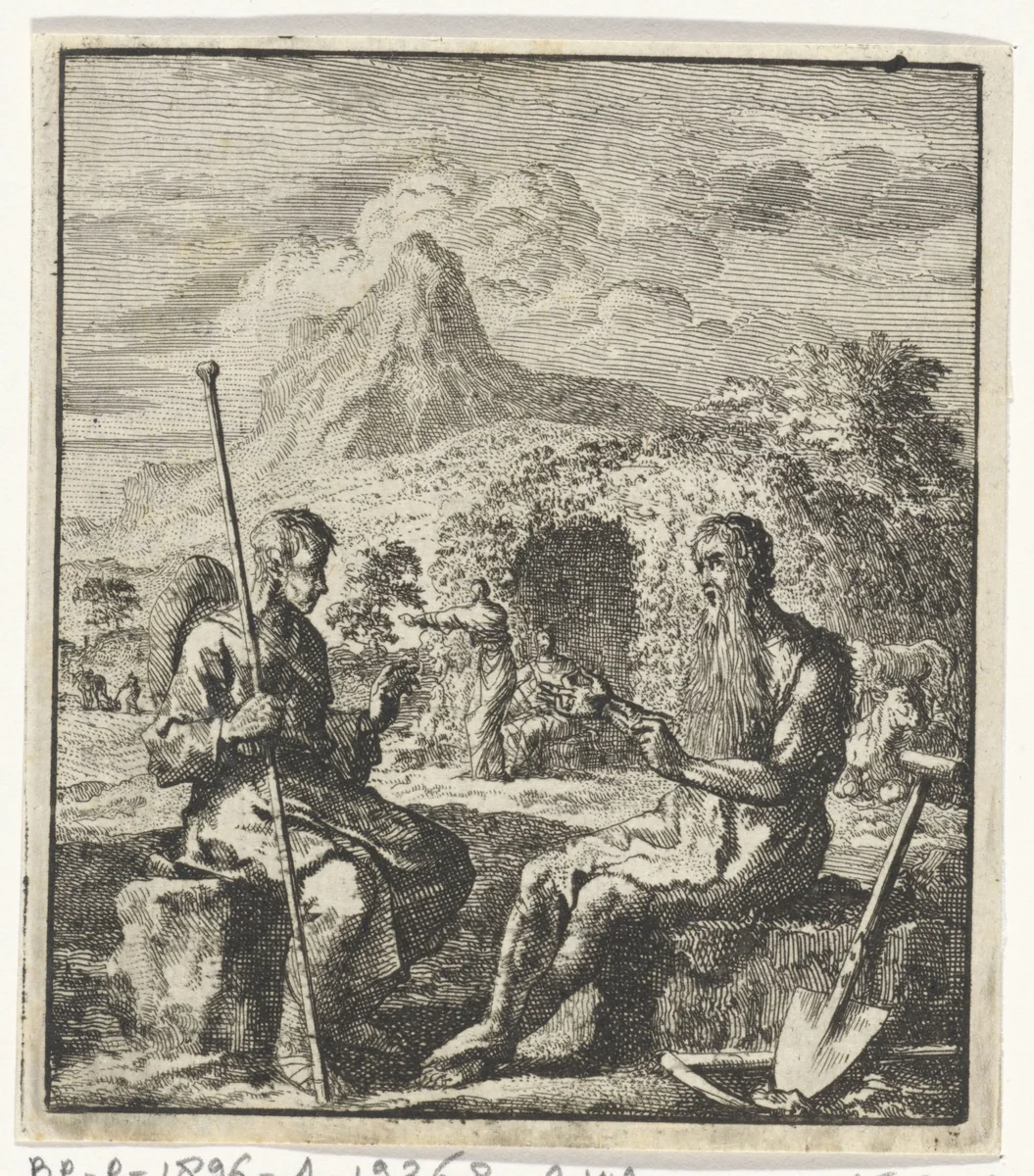 Wandelende ziel in gesprek met Adam by Jan Luyken, print, 1706