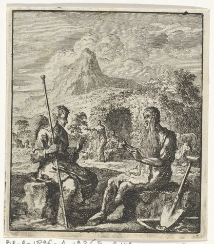 Wandelende ziel in gesprek met Adam by Jan Luyken, print, 1706