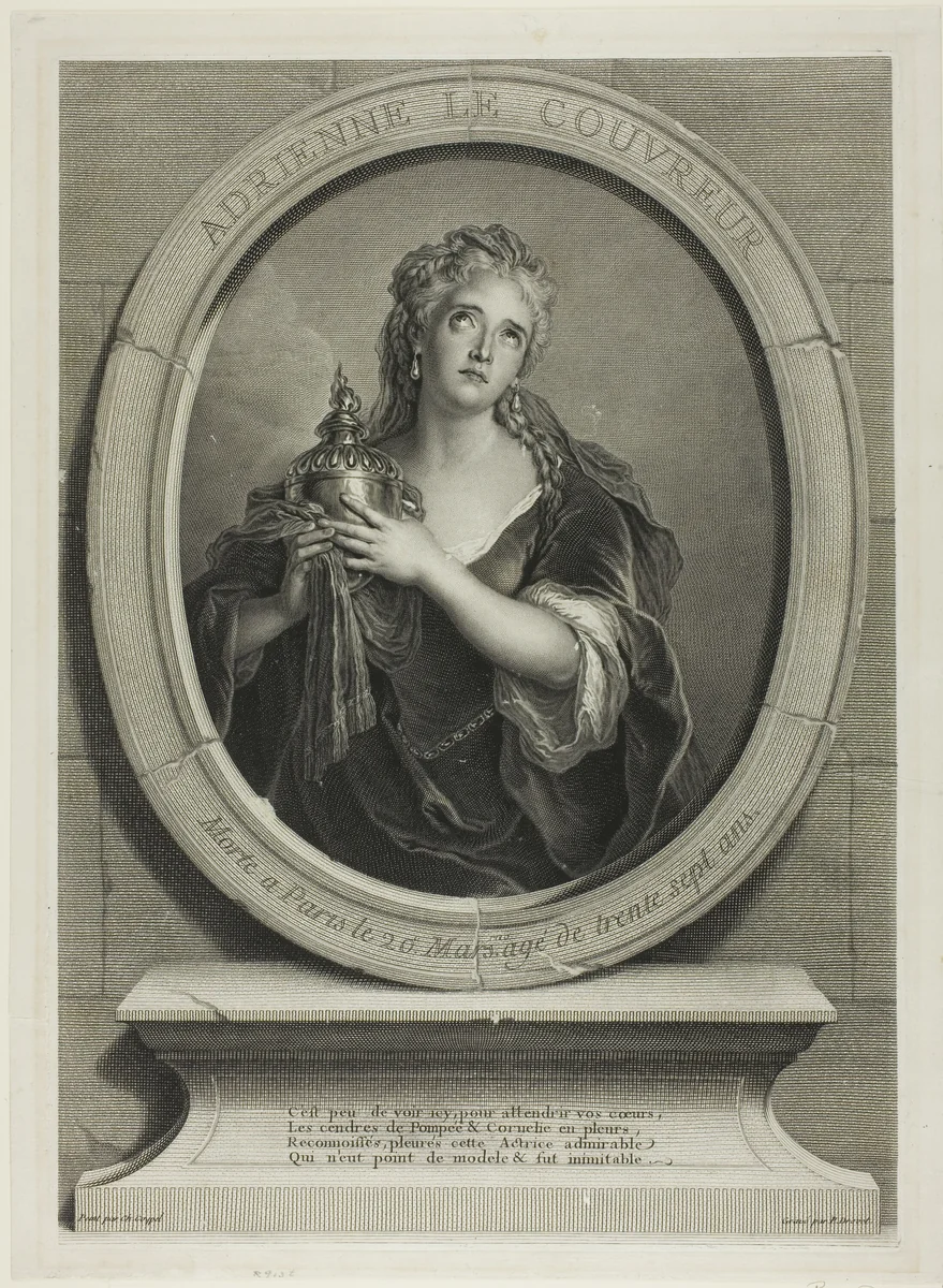 Portrait of Adrienne Le Couvreur by Pierre-Imbert Drevet, print, 1730