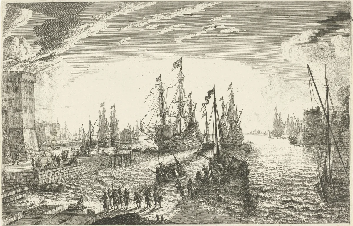 Ontscheping van soldaten by Matthieu van Plattenberg, print, 1617-1660