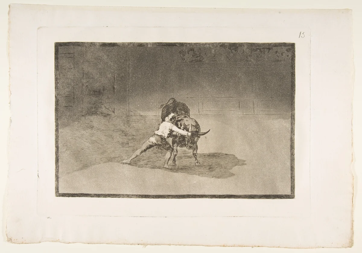Plate 15 from "La Tauromaquia": The famous Martincho places the banderillas playing the bull with the movement of his body by Goya, print, 1816