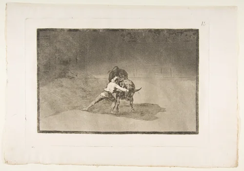 Plate 15 from "La Tauromaquia": The famous Martincho places the banderillas playing the bull with the movement of his body by Goya, print, 1816
