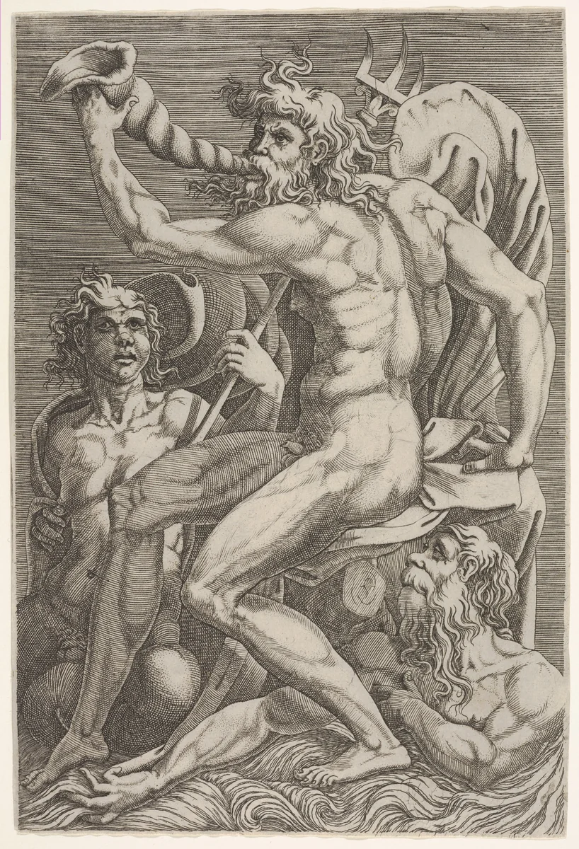 Seated Neptune holding a conch shell to his mouth, accompanied by a seated triton and another emerging from the water at bottom right by Giorgio Ghisi, print, 1510-1590