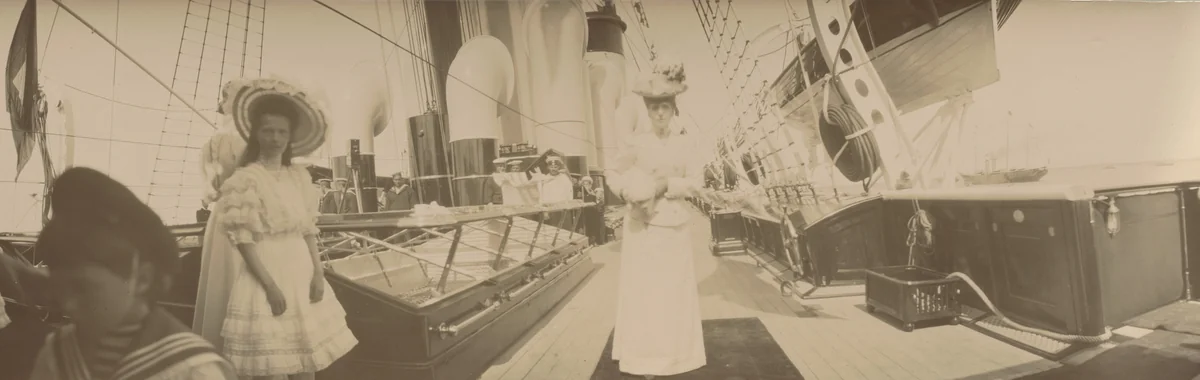 Grand Duchess Olga, Tsarevich Alexis, Grand Duchess Tatiana and Their Tutor on Deck by Unidentified Photographer, photograph, 1908