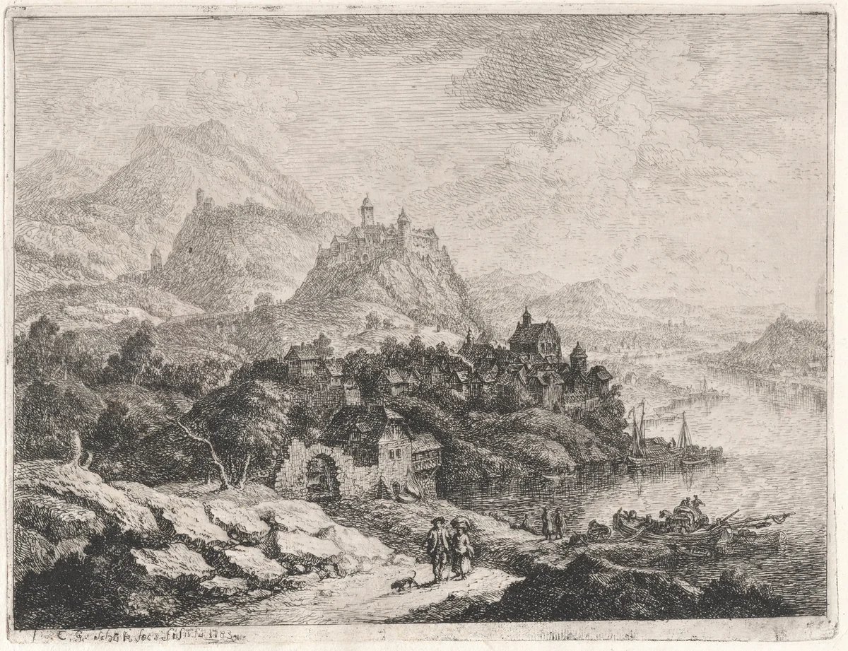 A Wide Riverscape with a View of Heidelberg Castle by Christian Georg Schüz, print, 1783