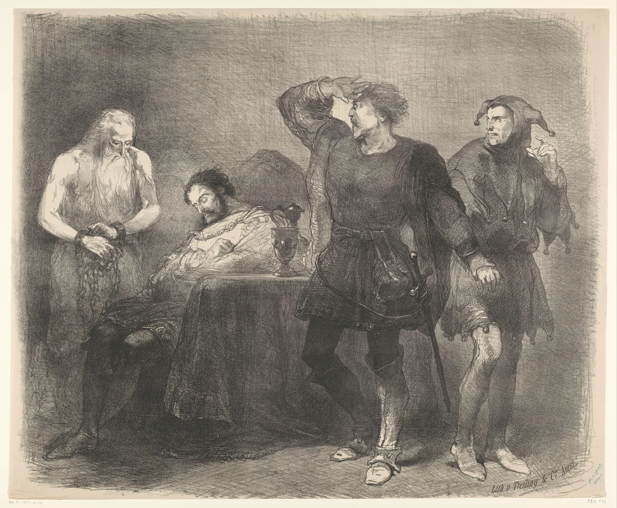 Scène uit toneeldrama Het spook by Charles Rochussen, print, 1865-1868