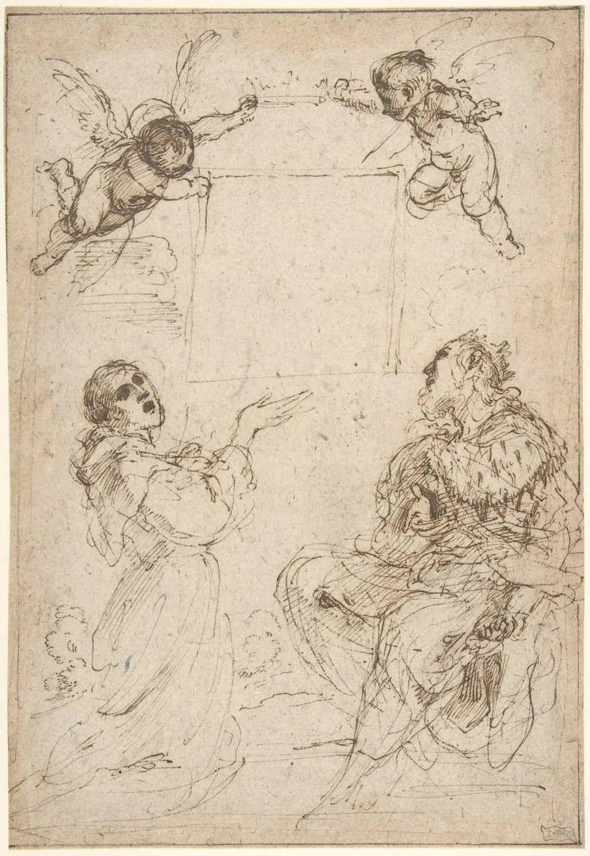 Saint Francis of Assisi and Saint Louis of France Venerating an Image of the Virgin by Guercino, drawing, 1613-1623