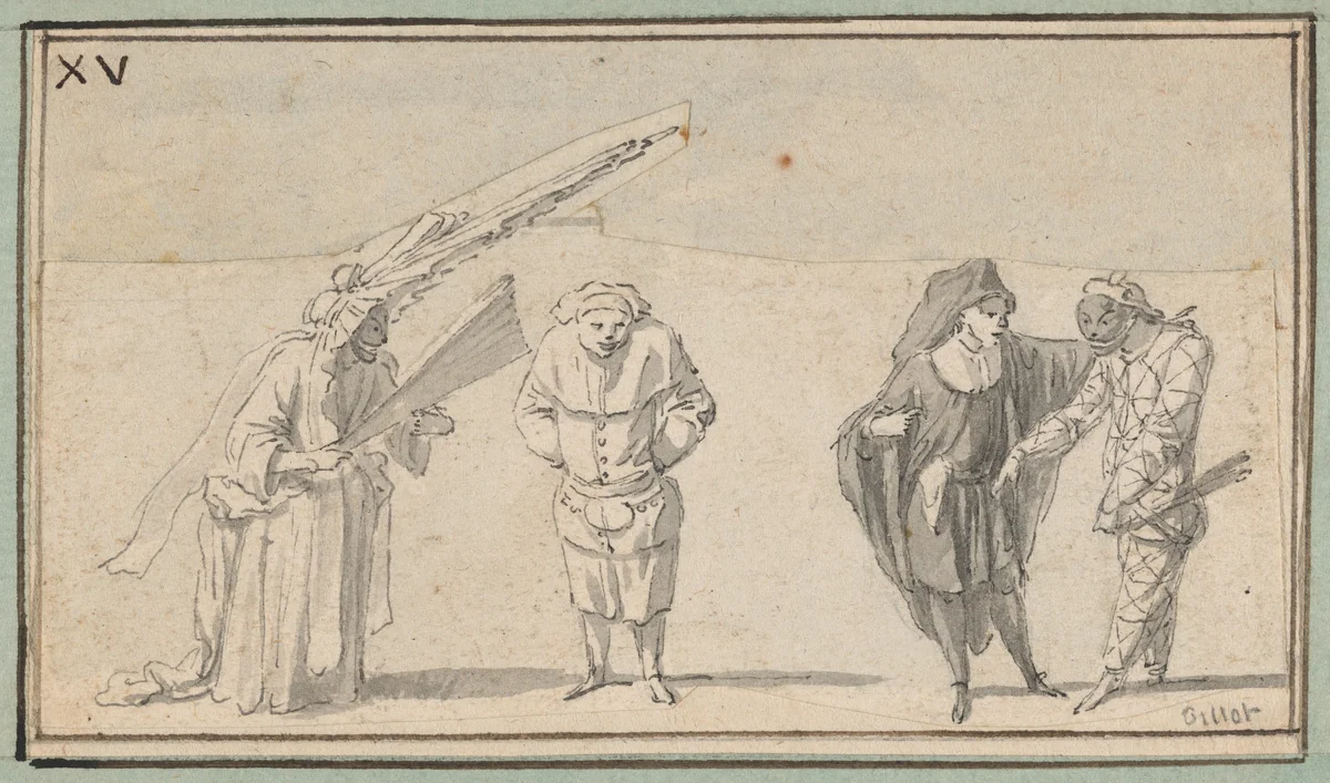 Four Commedia dell'Arte Figures: Harlequin "en femme," Mezzetin(?), Scaramouche, and Harlequin by Claude Gillot, drawing, 1700-1722