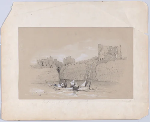 Chepstow Castle, Wales from the river Wye by Lilburne Hicks, drawing, 1830-1860