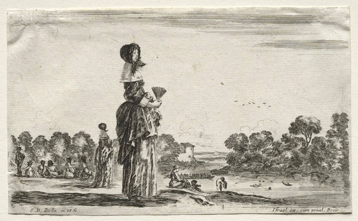 Various Figures and Landscapes: Women Watching Bathers along a River by Stefano della Bella, print, 1649