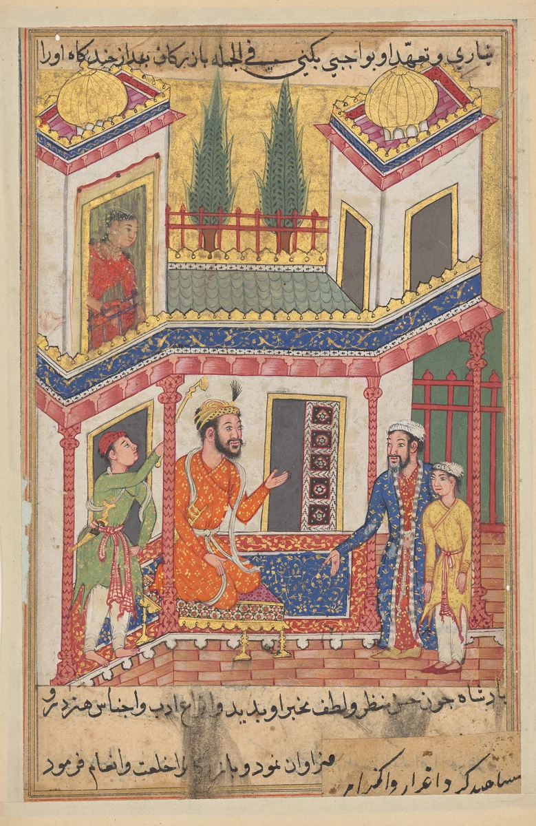 The merchant returns bringing a young slave who is really the son of the princess of Rum, now married to the king, from a Tuti-nama (Tales of a Parrot): Fiftieth Night by Unknown, painting, 1555-1565