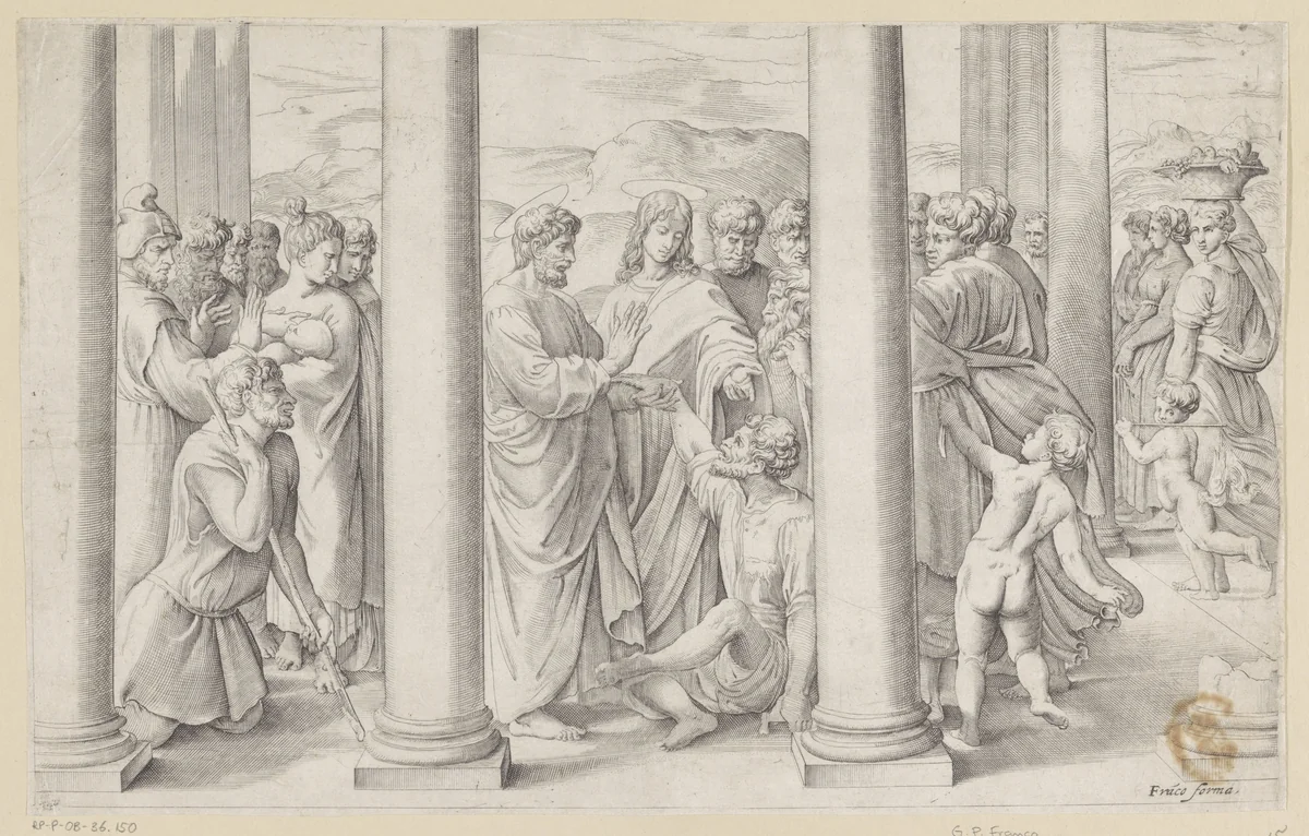 Petrus en Johannes genezen een verlamde man bij de tempelpoort by Unknown, print, 1520-1561