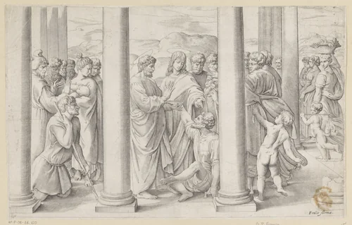 Petrus en Johannes genezen een verlamde man bij de tempelpoort by Unknown, print, 1520-1561